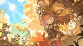 &gt;_&lt; 5girls aether_gazer artist_request autumn_leaves black_hat blue_eyes broom brown_hair character_request chibi closed_mouth cloud copyright_name copyright_notice falling_leaves grey_hair hat highres holding holding_broom leaf leaf_pile long_hair multiple_girls open_mouth red_thighhighs scarecrow sky sun thighhighs tree verthandi_(aether_gazer) yostar