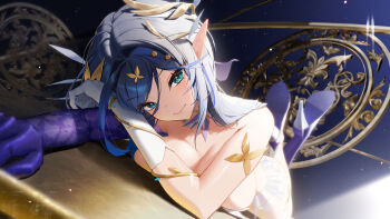 1girl absurdres asymmetrical_gloves bare_shoulders blue_boots blue_eyes blue_gloves blue_hair boots breasts cleavage closed_mouth collarbone commentary_request elbow_gloves gloves hair_between_eyes hair_ornament high_heel_boots high_heels highres jeon-eo_konoshiro katya_klein large_breasts laurel_crown long_pointy_ears looking_at_viewer lying mismatched_gloves official_alternate_costume on_stomach pointy_ears shadow sidelocks single_elbow_glove smile snowbreak:_containment_zone solo swept_bangs white_gloves