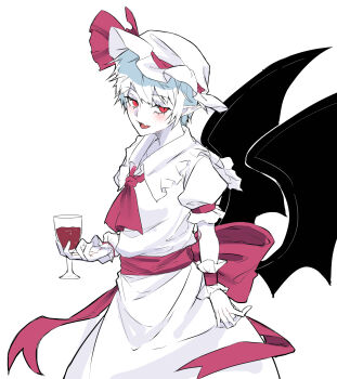 Rule 34 | 1girl, alternate hair length, alternate hairstyle, ascot, back bow, bat wings, blush, bow, closed mouth, collared shirt, commentary request, cup, drinking glass, fang, frilled shirt collar, frills, hat, hat ribbon, highres, holding, holding cup, kanaria (bcomn), looking at viewer, mob cap, open mouth, pointy ears, puffy short sleeves, puffy sleeves, red ascot, red bow, red eyes, remilia scarlet, ribbon, shirt, short hair, short sleeves, simple background, skin fang, skirt, smile, solo, touhou, white background, white hat, white shirt, white skirt, wings, wrist cuffs