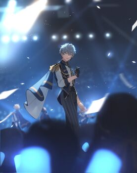 5boys black_gloves black_hair blonde_hair blue_eyes commentary_request confetti ensemble_stars! epaulettes finger_heart gloves grey_hair hand_up headset highres kabi_haetenai knights_(ensemble_stars!) looking_at_viewer male_focus multiple_boys narukami_arashi pants sakuma_ritsu sena_izumi_(ensemble_stars!) short_hair single_glove smile solo_focus suou_tsukasa three-quarter_sleeves tsukinaga_leo