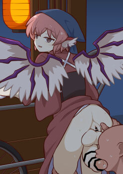 Rule 34 | 1boy, 1futa, absurdres, animal ears, ass, bar censor, bent over, bird ears, bird girl, bird wings, blue headscarf, bonobo (odenokaz), bottomless, brown kimono, brown sash, censored, commentary request, crossed bangs, feet out of frame, fellatio, from behind, futa with male, futanari, hand on another's ass, headscarf, highres, japanese clothes, kimono, lantern, light blush, looking at viewer, looking back, mystia lorelei, obi, okamisty, open mouth, oral, paper lantern, penis, pink hair, purple eyes, pussy, sash, seductive smile, sex, sex from behind, short hair, smile, tasuki, testicles, touhou, turning head, wings