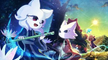 1girl 3boys cat_girl chinese_clothes commentary_request flute furry furry_female furry_male heng_(nine_sols) highres holding holding_flute holding_instrument instrument kuafu_(nine_sols) losno multiple_boys mystic_nymph_(nine_sols) nine_sols open_mouth outdoors plant_roots red_eyes shuanshuan_(nine_sols) smile sparkle sun waving white_fur wide_sleeves yi_(nine_sols)