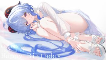 1girl absurdres ahoge blue_hair character_name closed_mouth commentary dated dress english_text full_body ganyu_(animate)_(genshin_impact) ganyu_(genshin_impact) genshin_impact goat_horns happy_birthday highres horns jewelry kokuusinsin long_hair long_sleeves looking_at_viewer lying necklace official_alternate_costume purple_eyes sandals simple_background smile solo thighs toes white_background white_dress white_sandals