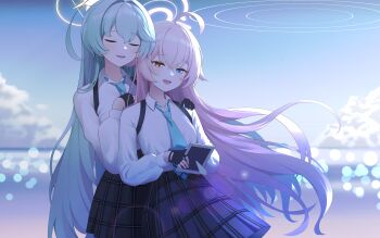2girls :d absurdres ahoge backlighting black_gloves black_skirt blue_archive blue_eyes blue_necktie blue_sky closed_eyes cloud collared_shirt commentary_request cowboy_shot crossed_bangs crying crying_with_eyes_open day fang fingerless_gloves floating_hair generatormang gloves green_hair hair_between_eyes hair_intakes hair_over_shoulder half_gloves halo hand_on_another&#039;s_shoulder hand_on_own_chest heterochromia highres holding holding_notebook hoshino_(blue_archive) lens_flare long_hair long_sleeves looking_down multiple_girls necktie notebook open_mouth outdoors pink_hair pink_halo plaid_clothes plaid_skirt pleated_skirt puffy_long_sleeves puffy_sleeves school_uniform shirt skirt sky smile suspenders tears tsurime very_long_hair white_shirt wind yellow_eyes yellow_halo yume_(blue_archive)