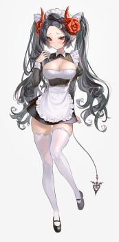 1girl apron black_dress black_hair breasts cleavage cleavage_cutout clothing_cutout demon_girl demon_horns demon_tail dress flower forehead full_body fymrie hair_flower hair_ornament highres horns juliet_sleeves large_breasts long_hair long_sleeves looking_at_viewer maid maid_apron maid_headdress mary_janes original parted_bangs pointy_ears puffy_sleeves red_eyes shoes short_dress simple_background solo tail thighhighs twintails very_long_hair white_background white_thighhighs zettai_ryouiki