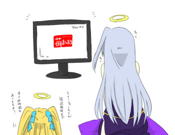 Rule 34 | 2girls, alicia testarossa, blonde hair, bow, copyright logo, hair bow, halo, logo, long hair, lyrical nanoha, mahou shoujo lyrical nanoha, mahou shoujo lyrical nanoha a's, mikaze, multiple girls, reinforce, seiza, silver hair, sitting, spirit, television, translation request, twintails, two side up, white background