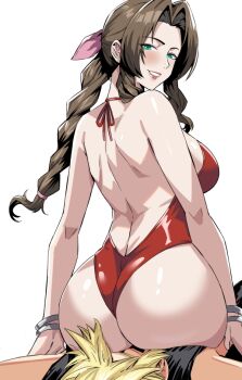 1boy 1girl aerith_gainsborough ass backless_leotard bangle bare_shoulders blonde_hair blush bracelet braid braided_ponytail breasts brown_hair cloud_strife commentary english_commentary final_fantasy final_fantasy_vii final_fantasy_vii_remake green_eyes hair_ribbon halterneck hetero jamjamstyle jewelry leotard long_hair looking_at_viewer medium_breasts parted_bangs parted_lips pink_ribbon red_leotard revision ribbon short_hair sidelocks single_braid sitting sitting_on_face sitting_on_person sleeveless sleeveless_turtleneck smile spiked_hair turtleneck wavy_hair white_background