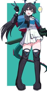 :d arknights arknights:_endfield black_boots black_gloves black_hair black_sleeves blue_gloves blue_horns blue_jacket blush boots center-flap_bangs chen_qianyu_(arknights) dragon dragon_girl dragon_horns dragon_tail dress eastern_dragon emoji from_below full_body gloves green_background green_sword hand_up head_tilt highres horns jacket long_hair low_twintails open_clothes open_jacket open_mouth pink_eyes pleated_dress pleated_skirt simple_background skirt smile speech_bubble standing sword tail teeth thigh_boots twintails upper_teeth_only v weapon white_background white_dress white_skirt yuntaro_(ramen_star)