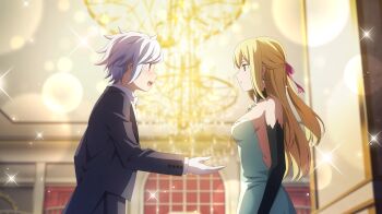 1boy 1girl aiz_wallenstein anime_coloring backless_dress backless_outfit bare_shoulders bell_cranel black_gloves black_jacket blonde_hair bow bowtie breasts chandelier danmachi_battle_chronicle dress dungeon_ni_deai_wo_motomeru_no_wa_machigatteiru_darou_ka earrings elbow_gloves formal_clothes from_side game_cg gem gloves green_dress green_gemstone hair_ribbon half_updo highres jacket jewelry long_hair looking_at_another medium_breasts non-web_source offering_hand_to_another official_alternate_costume official_art open_mouth parted_lips pink_ribbon ponytail red_eyes ribbon short_hair sidelocks sleeveless sleeveless_dress white_bow white_bowtie white_gloves white_hair yellow_eyes