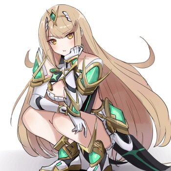 1girl amausa_subee bare_shoulders blonde_hair blush breasts cleavage commentary_request dress earrings jewelry large_breasts long_hair mythra_(xenoblade) simple_background solo squatting tiara white_background white_dress xenoblade_chronicles_(series) xenoblade_chronicles_2 yellow_eyes