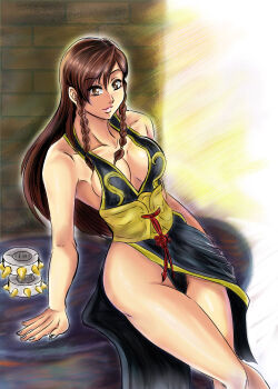 1girl alternate_costume back_alley blush bracelet breasts brown_eyes brown_hair capcom china_dress chinese_clothes chun-li dress jewelry large_breasts lips lipstick long_hair long_sleeves looking_at_viewer makeup outline panties penzoom ponytail road sexually_suggestive sitting sitting_on_object smile solo spiked_bracelet spikes street street_fighter street_fighter_v sunlight underwear