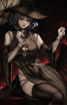 1girl agrat_bat_mahlat_(megami_tensei) black_hat black_wings bone braid colored_sclera colored_skin demon_(megami_tensei) detached_sleeves dress grey_hair hat holding holding_umbrella joints looking_at_viewer red_eyes red_sclera shin_megami_tensei shin_megami_tensei_v shin_megami_tensei_v:_vengeance short_hair solo umbrella wei_(promise_0820) white_skin wings witch_hat