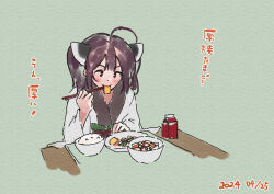Rule 34 | 1girl, ahoge, blush, bowl, brown eyes, brown hair, chopsticks, closed mouth, commentary request, dated, eating, food, food request, green background, headgear, holding, holding chopsticks, japanese clothes, kimono, lamb (hitsujiniku), long sleeves, obi, plate, rice, sash, simple background, solo, table, touhoku kiritan, translation request, twintails, upper body, voiceroid, white kimono, wide sleeves