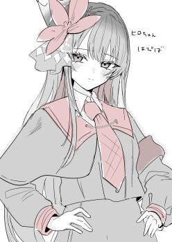 1girl absurdres armband black_hair black_shirt capelet closed_mouth collared_shirt commentary_request flower hair_flower hair_ornament hands_on_own_hips highres long_hair long_sleeves looking_at_viewer mahou_shoujo_no_majo_saiban necktie nikaido_hiro partially_colored red_eyes red_flower red_necktie shirt simple_background solo tax_(zeita_gundam) translation_request white_background