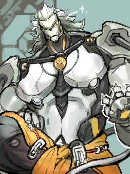 1boy absurdres banyue_(zenless_zone_zero) bara claws gumsharkk highres long_hair looking_at_viewer male_focus muscular muscular_male robot_boy sparkle tail zenless_zone_zero