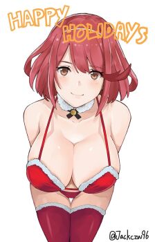 1girl bare_shoulders bent_over bikini breasts brown_eyes christmas cleavage closed_mouth collarbone detached_collar fur_trim hairband halterneck happy_holidays j@ck large_breasts leaning_forward looking_at_viewer merry_christmas nintendo pyra_(xenoblade) red_bikini red_hair santa_bikini santa_costume short_hair smile swept_bangs swimsuit thighhighs xenoblade_chronicles_(series) xenoblade_chronicles_2