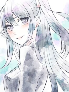 Rule 34 | 1girl, badge, black jacket, black order uniform, breast pocket, breasts, colorful background, commentary request, d.gray-man, earrings, eyelashes, green background, grey eyes, hair between eyes, hair ribbon, jacket, jewelry, lenalee lee, limited palette, long hair, long sleeves, looking at viewer, looking back, medium breasts, military, military uniform, pocket, purple background, ribbon, sidelocks, sklks, smile, solo, striped clothes, striped jacket, stud earrings, turtleneck, turtleneck jacket, two side up, upper body, white background, zipper