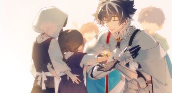 2girls 3boys armor black_hair brown_hair cape charlemagne_(fate) charlemagne_(second_ascension)_(fate) child closed_eyes commentary_request dress fate/grand_order fate_(series) flower hand_on_own_chest headscarf highres holding holding_flower idass_(idass16) long_hair multicolored_hair multiple_boys multiple_girls open_mouth short_hair smile streaked_hair two-tone_hair white_hair