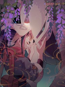 1girl akari_(pokemon) arceus black_hair closed_eyes commentary_request gen_4_pokemon grey_jacket hands_up headscarf jacket legendary_pokemon logo long_hair mythical_pokemon nintendo open_mouth p0ke_a0210 pokemon pokemon_(creature) pokemon_legends:_arceus ponytail scarf shirt sidelocks smile twitter_username white_headscarf white_headwear