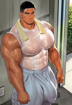 1boy abs arm_hair bandaid bandaid_on_face bandaid_on_forehead bara biceps black_hair broad_shoulders brown_eyes bulge chest_hair covered_abs covered_erect_nipples facial_hair grey_pants highres huge_pectorals kuromine_hiraya large_bulge male_focus muscular muscular_male nipples original pants shirt sleeves_rolled_up solo stomach_hair stubble sweat thick_arms thick_eyebrows thick_thighs thighs towel towel_around_neck veins veiny_arms wet wet_clothes wet_shirt white_shirt