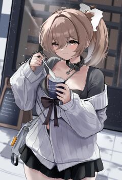 1girl absurdres ahoge bag belt_collar black_choker black_skirt blush bow bowtie bready_(frosty_bite)_(nikke) bready_(nikke) breasts brown_eyes brown_hair choker closed_mouth collar commentary_request cowboy_shot dutch_angle eb_030 food goddess_of_victory:_nikke hair_between_eyes highres holding holding_food holding_ice_cream holding_spoon ice_cream korean_commentary large_breasts long_hair_between_eyes long_sleeves looking_to_the_side medium_hair menu_board miniskirt off_shoulder official_alternate_costume outdoors pleated_skirt ponytail shoulder_bag sidelocks skirt solo spoon standing trembling