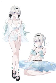 1girl absurdres back_hair bikini black_ribbon black_slippers blush braid breasts firefly_(honkai:_star_rail) frilled_bikini frills gradient_eyes gradient_hair green_pupils grey_hair hair_between_eyes hair_intakes hair_ornament highres honkai:_star_rail honkai_(series) iooqq large_breasts long_hair multicolored_eyes multicolored_hair nail_polish open_mouth ribbon simple_background slippers solo sweatdrop swimsuit twin_braids twintails twitter_username white_background white_bikini