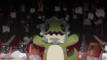 Rule 34 | absurdres, bag, black background, bucket, copyright name, copyright notice, gradient background, highres, logo, no humans, object focus, official art, official wallpaper, pink liquid, plastic bag, safety pin, stuffed dinosaur, stuffed toy, xinyue tongxing