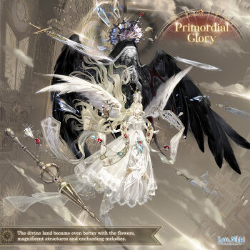 1girl absurdly_long_hair angel angel_wings artist_request blonde_hair broken broken_sword broken_weapon brown_background capelet character_name church circlet closed_mouth cloud collared_capelet copyright_logo cross cross_print dress earrings english_text expressionless feathered_wings floating floating_hair floating_object floating_sword floating_weapon full_body gown grey_eyes hat high_collar holding holding_scepter indoors jewelry lace lace-trimmed_dress lace_trim lipstick logo long_dress long_hair looking_ahead makeup miracle_nikki mitre nikki_(series) official_art pleated_dress primordial_glory_(miracle_nikki) red_lips scepter shards solo spread_wings stained_bra statue stole sword third-party_source very_long_hair wavy_hair weapon white_capelet white_dress white_hat white_wings wind wings