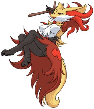1girl animal_ear_fluff animal_ears animal_feet animal_nose arm_behind_head arm_up armpits barefoot black_fur body_fur delphox feet female_focus fox_ears fox_girl fox_tail full_body furry furry_female gen_6_pokemon half-closed_eyes happy holding holding_stick invisible_chair legs mature_female multicolored_fur nintendo no_nipples no_pussy open_mouth pawpads pokemon pokemon_(creature) red_eyes red_fur simple_background sitting smile snout solo stick stoic5 tail toes white_background white_fur yellow_fur