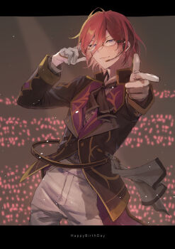 audience black_border black_neckerchief blue_eyes blush border collared_jacket concert ensemble_stars! epaulettes finger_gun glasses gloves glowstick gold_trim half-closed_eyes half_gloves hand_in_own_hair hand_up highres hisohiso_end idol idol_clothes jacket lapels long_sleeves looking_at_viewer lower_body microphone neckerchief notched_lapels outside_border pants penlight_(glowstick) pink_hair pixiv pointing pointing_at_viewer saegusa_ibara shirt_tucked_in short_hair simple_background smile stage suit_jacket white_gloves white_pants