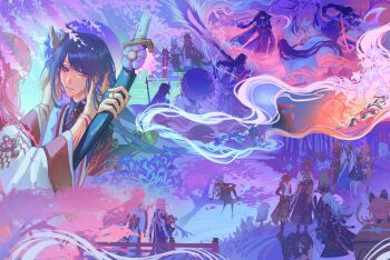 6+boys 6+girls abstract_background alternate_costume animal_ear_piercing animal_ears arataki_itto ayaka_(genshin_impact) blunt_bangs braid catgirljoseph cherry_blossoms chiori_(genshin_impact) chiyo_(genshin_impact) closed_mouth commentary crying crying_with_eyes_open english_commentary engulfing_lightning_(genshin_impact) faceless faceless_female faceless_male falling_petals flower flower_ornament fox_ears fox_girl friends from_above from_behind from_side genshin_impact gorou_(genshin_impact) gradient_hair hair_between_eyes hair_flowing_over hair_ornament hands_on_another&#039;s_head happy_birthday head_tilt highres holding holding_polearm holding_sword holding_umbrella holding_weapon implied_yaoi implied_yuri in_tree japanese_clothes kaedehara_kazuha kamisato_ayato katana kimono kirara_(genshin_impact) kitsune_saiguu kujou_sara kuki_shinobu long_braid long_hair long_sleeves looking_down looking_to_the_side makoto_(genshin_impact) miko mole mole_under_eye multicolored_hair multiple_boys multiple_girls neck_ribbon oil-paper_umbrella outdoors parted_lips petals pink_hair pink_petals polearm purple_eyes purple_flower purple_hair purple_kimono raiden_shogun red_ribbon ribbon sangonomiya_kokomi sasayuri_(genshin_impact) shade shikanoin_heizou short_hair single_braid sitting sitting_in_tree smoke smoke_trail standing sword tears teeth thoma_(genshin_impact) tree umbrella water weapon wide_sleeves wisteria yae_miko yoimiya_(genshin_impact)