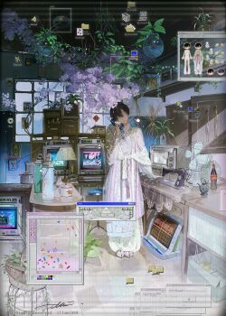 1girl absurdly_detailed_composition artist_name black_hair bottle cola commentary computer crt cup cursor desk_lamp dress electric_fan english_commentary error_message folder full_body glitch hand_up highres holding holding_phone illumi999 indoors lamp loaded_interior long_sleeves microsoft_paint_(software) original phone plant potted_plant sewing_machine shelf signature solo standing table thermos user_interface video_game window window_(computing)