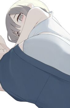1girl blue_shorts camisole commentary grey_eyes grey_hair highres hiroki_(yyqw7151) looking_at_viewer original panties short_shorts shorts simple_background solo underwear white_background white_camisole white_panties