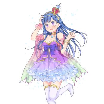 1girl bare_shoulders blue_dress blue_hair boots bracelet breasts cape chest_ribbon cleavage crown dress frilled_dress frills gold_choker gold_hairband gradient_clothes gradient_dress hairband hand_on_own_head jewelry long_hair medium_breasts mini_crown necklace purple_dress purple_eyes rainbow_cape riona_(uchihime) see-through_cape thigh_boots uchi_no_hime-sama_ga_ichiban_kawaii white_boots