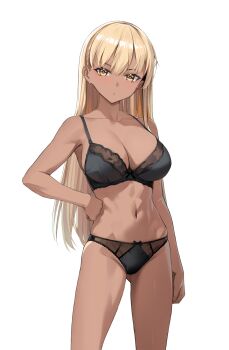 Rule 34 | 1girl, absurdres, black bra, black panties, blonde hair, bow, bow panties, bra, breasts, cleavage, commentary request, dark-skinned female, dark skin, earrings, furisuku, highres, jewelry, large breasts, long hair, looking at viewer, navel, original, panties, simple background, solo, underwear, underwear only, white background, yellow eyes