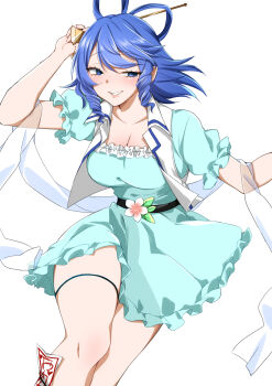 1girl absurdres aqua_dress belt blue_eyes blue_hair breasts cleavage collarbone commentary dress drill_hair drill_sidelocks frills highres kaku_seiga large_breasts looking_at_viewer medium_hair ofuda_on_leg open_clothes open_vest parted_lips short_sleeves sidelocks smile solo teeth thighs touhou vest white_background white_vest yukina_(masyumaro610)