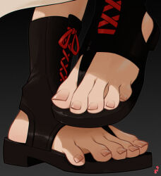 Rule 34 | 1girl, absurdres, artist logo, baiken, black footwear, commentary, commission, english commentary, feet, feet only, foot focus, footwear focus, grey background, guilty gear, highres, mohoshadream, sandals, shadow, shoelaces, solo, toenails, toes