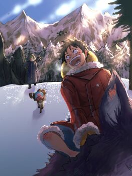 3boys antlers backpack bag black_hair blue_hat blue_shorts blue_sky blush breath coat commentary facial_scar fur-trimmed_coat fur-trimmed_shorts fur_trim green_hair hat highres horns horns_through_headwear long_sleeves looking_back male_focus marimo_fr monkey_d._luffy mountainous_horizon multiple_boys one_piece open_mouth outdoors pine_tree red_coat reindeer_antlers riding riding_animal roronoa_zoro scar scar_on_cheek scar_on_face short_hair shorts sky snow straw_hat sword sword_on_back symbol-only_commentary tony_tony_chopper tree unworn_hat unworn_headwear walking weapon weapon_on_back wolf
