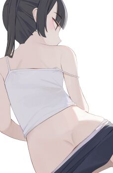 1girl black_hair camisole commentary from_behind highres hiroki_(yyqw7151) original panties simple_background solo strap_slip twintails underwear white_background white_camisole white_panties