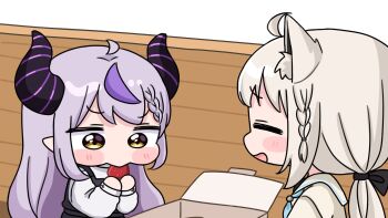 2girls ahoge animal_ear_fluff animal_ears black_dress blush_stickers braid braided_bangs brown_eyes chibi commentary_request demon_horns dress eating food fox_ears fruit grey_hair highres holding holding_food hololive horns la+_darknesss long_hair long_sleeves low_ponytail mochimiko multicolored_hair multiple_girls on_bench pastry_box pointy_ears ponytail puffy_long_sleeves puffy_sleeves purple_hair shirakami_fubuki shirt simple_background sleeveless sleeveless_dress strawberry streaked_hair virtual_youtuber white_background white_shirt yurie_mouth