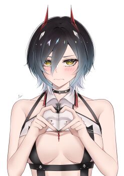 Rule 34 | 1girl, absurdres, azur lane, bare shoulders, black collar, black hair, black nails, blush, breasts, collar, commentary, cross, embarrassed, frown, hair between eyes, hands up, highres, horns, iron cross, looking at viewer, medium breasts, multicolored hair, nail polish, nervous, shy, slit pupils, solo, spiked collar, spikes, two-tone hair, ulrich von hutten (azur lane), untranslatable commentary, upper body, white hair, xuwasoo, yellow eyes