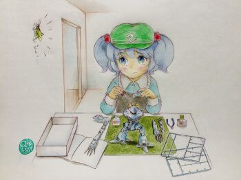 Rule 34 | 1girl, apron, beads, black apron, blue eyes, blue hair, blue shirt, blush, box, bug, collar, doorway, emphasis lines, frown, glue, grasshopper, green hat, hair beads, hair ornament, hat, highres, insect, kawashiro nitori, mecha, model kit, paper, pliers, q-bee (aaru), robot, shirt, solo, table, touhou, toy, traditional media, white background, white collar