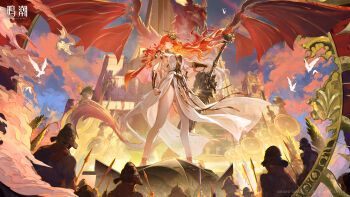 1girl absurdres ancient_greek_clothes armor augusta_(wuthering_waves) bare_legs breastplate breasts character_name dress floating_hair greatsword greco-roman_clothes headgear highres holding holding_sword holding_weapon legs logo long_hair medium_breasts official_art orange_hair people solo_focus standing statue sword very_long_hair weapon white_dress wide_shot wuthering_waves