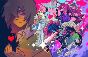 2boys 2girls 2others absurdres antlers armlet axe blonde_hair blue_skin bracelet colored_skin cyani07 deltarune dual_persona furry furry_female furry_male glasses goat_boy goat_horns hair_over_one_eye highres holding holding_axe holding_sword holding_weapon hooded_robe horns jewelry kris_(dark_world)_(deltarune) kris_(deltarune) lancer_(deltarune) multiple_boys multiple_girls multiple_others noelle_holiday noelle_holiday_(dark_world) open_mouth over_shoulder purple_hair purple_skin ralsei red_eyes reindeer_antlers reindeer_girl reptile_girl robe sharp_teeth soul_(deltarune) spiked_armlet spiked_bracelet spikes susie_(dark_world)_(deltarune) susie_(deltarune) sword teeth utdr_(toby_fox) weapon weapon_over_shoulder white_robe