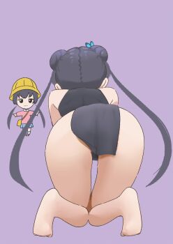 1girl all_fours animated ass bare_shoulders barefoot black_dress black_eyes black_hair blue_archive butterfly_hair_ornament chibi china_dress chinese_clothes double_bun dragon_print dress facing_away from_behind hair_bun hair_ornament hat jacket kindergarten_uniform kisaki_(blue_archive) kisaki_(kindergarten_uniform)_(blue_archive) kneeling loli long_hair long_sleeves microsd_(pibo) outstretched_arms pelvic_curtain purple_background school_hat short_dress simple_background sleeveless sleeveless_dress soles tagme twintails ugoira very_long_hair video