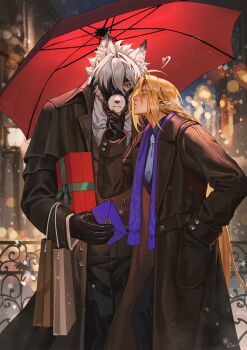 2boys arm_up bag black_coat black_gloves blonde_hair blue_scarf blush box closed_mouth coat commentary crovius earrings english_commentary frown furry furry_male furry_with_non-furry gift gift_box gloves hair_over_one_eye hand_on_another&#039;s_face heart highres holding holding_letter hugo_vlad imminent_kiss interspecies jewelry letter light_particles long_hair long_sleeves male_focus multiple_boys necktie one_eye_covered outdoors pants piercing pointy_ears railing red_eyes red_umbrella scarf shirt shopping_bag sleeve_cuffs snowing standing umbrella very_long_hair von_lycaon white_hair white_shirt winter yaoi zenless_zone_zero