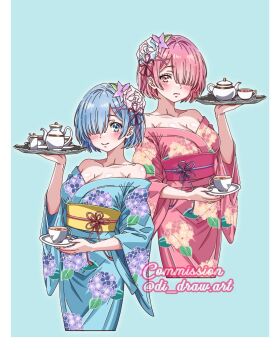 2girls alternate_breast_size_(larger) blue_eyes blue_hair blue_kimono breasts cleavage commentary commission cup di_draw.art english_commentary flower frown hair_flower hair_ornament hair_over_one_eye highres holding holding_saucer holding_tray instagram_username japanese_clothes kimono medium_breasts multiple_girls obi off_shoulder pink_eyes pink_hair pink_kimono ram_(re:zero) re:zero_kara_hajimeru_isekai_seikatsu rem_(re:zero) sash saucer short_hair siblings sisters smile teacup teapot tray wide_sleeves x_hair_ornament