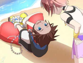 1boy 1girl beach blue_eyes brown_hair commentary_request fingerless_gloves from_behind gloves hands_on_own_hips highres hood hood_down kairi_(kingdom_hearts) kingdom_hearts kingdom_hearts_i looking_at_another open_mouth profile purple_skirt red_hair sand shadow shoes short_sleeves signature sitting skirt sleeveless sora_(kingdom_hearts) sweatdrop water white_gloves yellow_shoes yudetamago_kunn