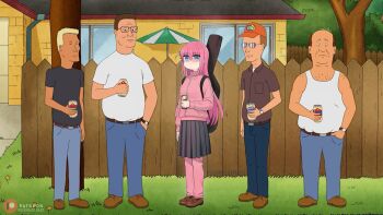 1girl 4boys :| artist_name bald baseball_cap beer_can bill_dauterive black-framed_eyewear black_shirt black_skirt blonde_hair blue_eyes blue_pants bocchi_the_rock! brown_hair brown_shirt brown_shoes can closed_mouth commentary crossover cube_hair_ornament dale_gribble dismaiden drink_can english_commentary expressionless fence gotoh_hitori grass guitar_case hair_ornament hank_hill hat highres holding holding_can house instrument_case jacket jeff_boomhauer king_of_the_hill loafers long_hair long_sleeves multiple_boys outdoors pants pants_under_skirt parasol patreon_logo patreon_username picket_fence pink_jacket pink_pants pleated_skirt rectangular_eyewear shirt shoes short_sleeves skirt sleeveless sleeveless_shirt standing track_jacket twitter_username umbrella white_shirt wooden_fence