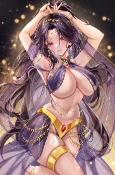 1girl absurdres arabian_clothes arms_up black_hair breasts character_request commission copyright_request cowboy_shot dancer dancing eyelashes harem_outfit harem_pants highres large_breasts long_hair miuq_chan navel pants red_hair revealing_clothes see-through_clothes see-through_veil solo veil